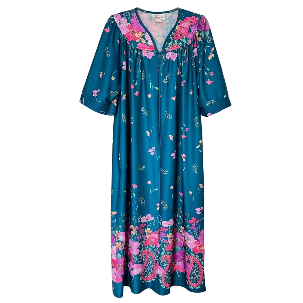 VTG Teal Paisley Quilted Housecoat Robe Medium Half Zip Lounge Dress Mrs Roper